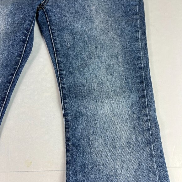 Risen Jeans Women 30x28* High Rise Flare Blue Faded Stretch Raw Hem Denim Tag 29 - Picture 3 of 16